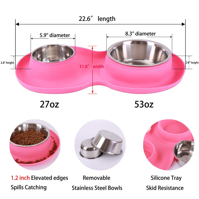 Yacee 100% Waterproof BPA Free Pet Dog Bowls2 Stainless Steelï¼ˆ53oz+27ozï¼‰ with 1.35â€œ Raised Edge Silicone Mat + Slow Feed Dog Water and Food Bowls for Feeding Large Dogs Cats Puppies (Pink) - Image 2